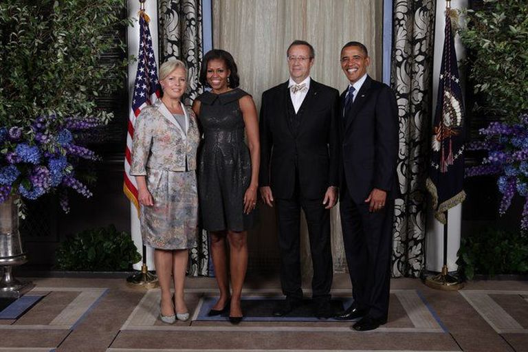 Эвелин Ильвес, Мишель Обама, Барак Обама и Тоомас Хендрик Ильвес в 2013 году в США.