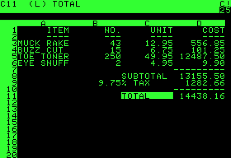 VisiCalci tabelarvutusprogrammi kuvatõmmis Apple II ekraanilt.