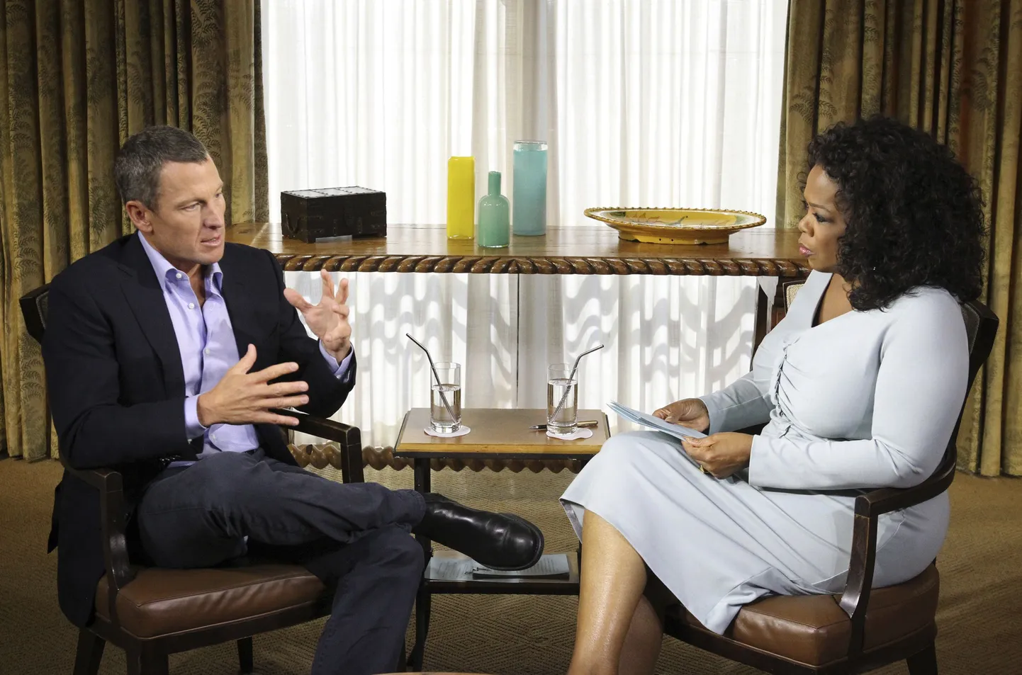 Lance Armstrong ja Oprah Winfrey intervjuu salvestusel.