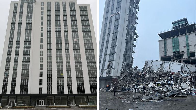 До и после: здание в Искендеруне, построенное в 2019 году и разрушенное землетрясением.