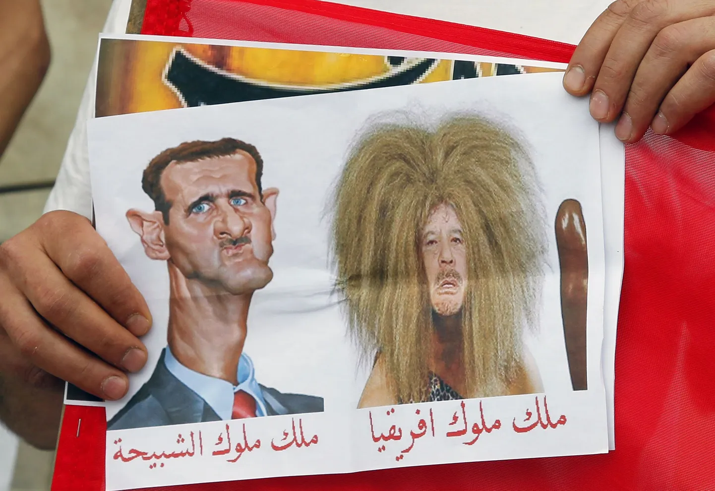 Meeleavaldaja plakatiga, millel kujutatakse kõrvuti Süüria presidenti Bashar Assadi ja Liibüa liidrit Muammar Gadaffit.