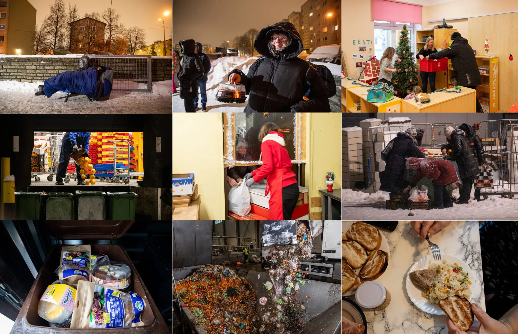 Fotoseeria: Prouad prügikasti kallal ja magamiskotiga söögisabas. Eestis käib toidujaht. Eestis visatakse igal aastal ära rohkem kui 84 000 tonni toitu. Kui laotada see toit maapinnale ühtlase meetrikõrguse kihina, saaks sellega katta poolteist korda Tallinna lauluväljakut. Samal ajal elab meie riigis peaaegu 50 000 inimest absoluutses vaesuses – see tähendab, et neil ei ole alati toitu, mida lauale panna. Fotoreportaaž Eestis toimuvast toidujahist ja toidu raiskamise vähendamisest mitmes vaatluses.