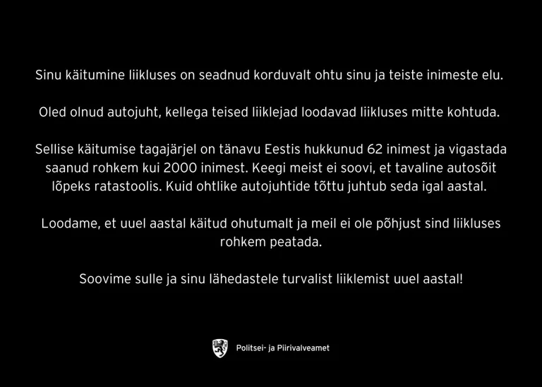 Kogu Eestis saab tänavu musta jõulukaardi 850 ja Pärnumaal 52 liiklushuligaani.