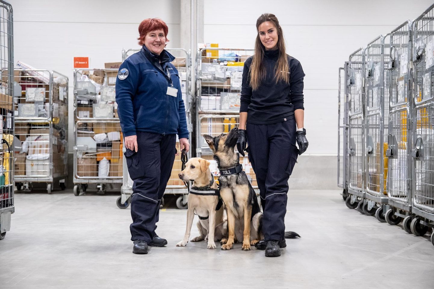 Tolliinspektorid-koerajuhid Bärbel Parm (vasakul) ja Triin Atla oma töökaaslaste, Morgani ja Sofiga Tallinna lähedal Omniva logistikakeskuses.

 