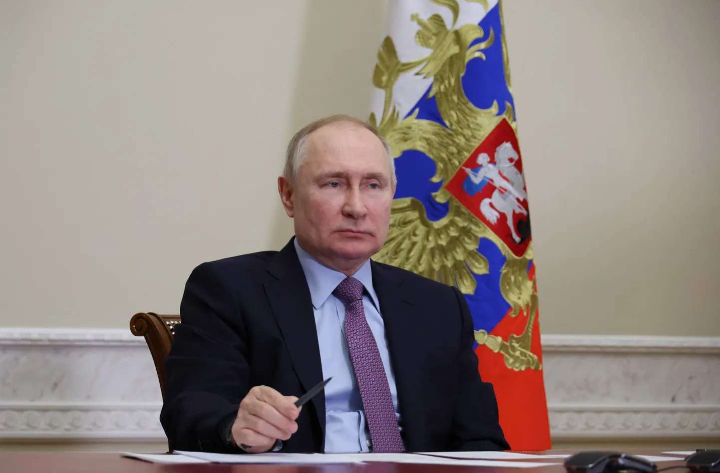 Venemaa president Vladimir Putin lansseerimas 28. detsembril 2022 Peterburist videolingi vahendusel   Pihkva oblastis tööstuskompleksi Titan-Polimer.
