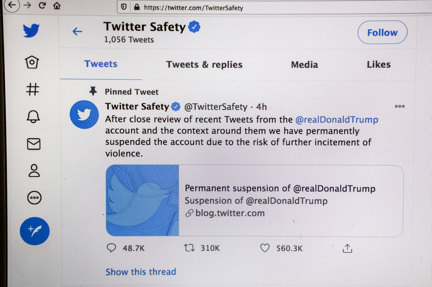 Selgitus USA presidendi Donald Trumpi Twitteri konto sulgemise kohta 9. jaanuar 2021.