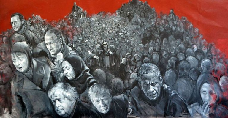 Süüria kunstniku Abdalla Al Omari teos põgenikest, esiplaanil on liidreid kujutatud põgenikena