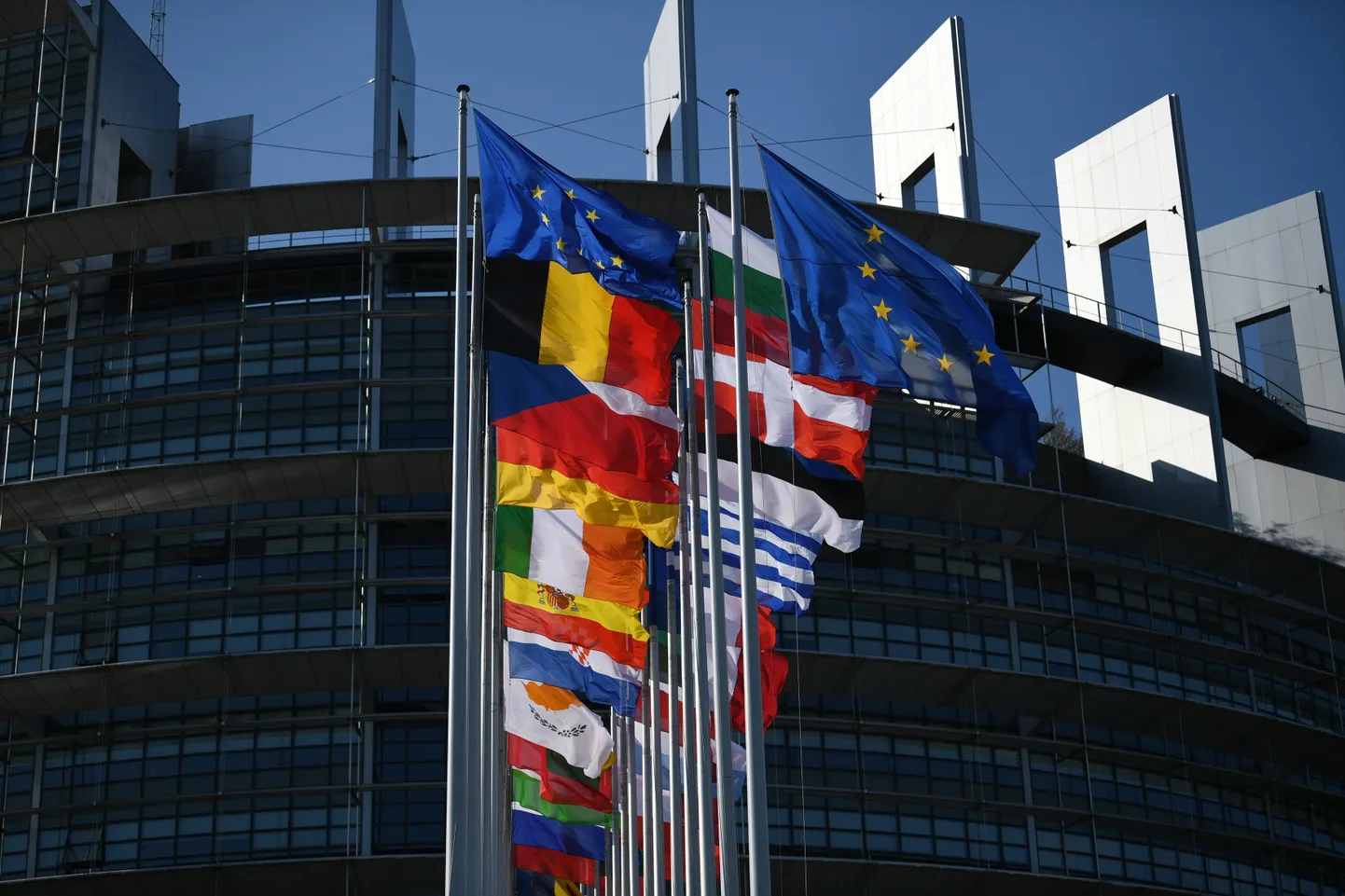 Euroopa Liidu ja liikmesriikide lipud Strasbourgis Euroopa Parlamendi hoone ees.