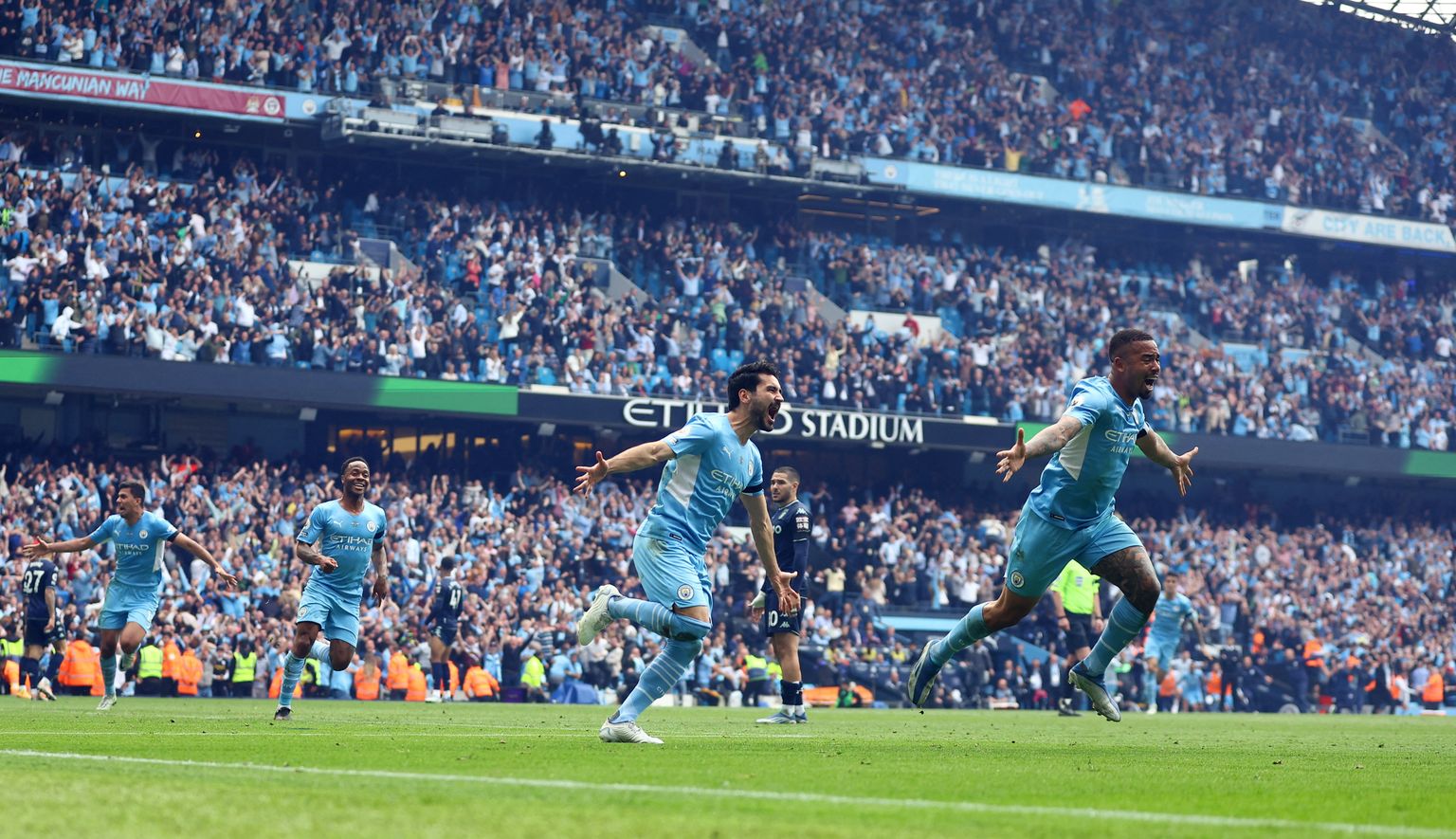 Manchester City mängija Ilkay Gündogani 3:2 värava järgne emotsioon.