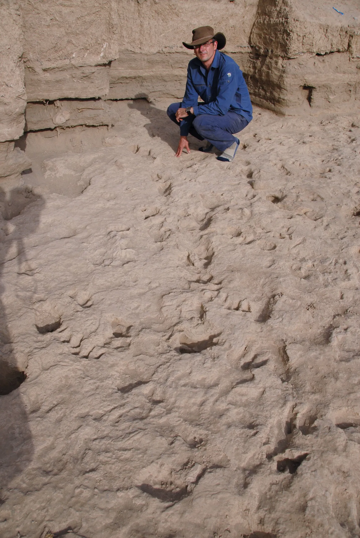 Paleontoloog Matthew Bennett Keeniast leitud 1,5 miljoni aasta vanuste jalajälgede juures