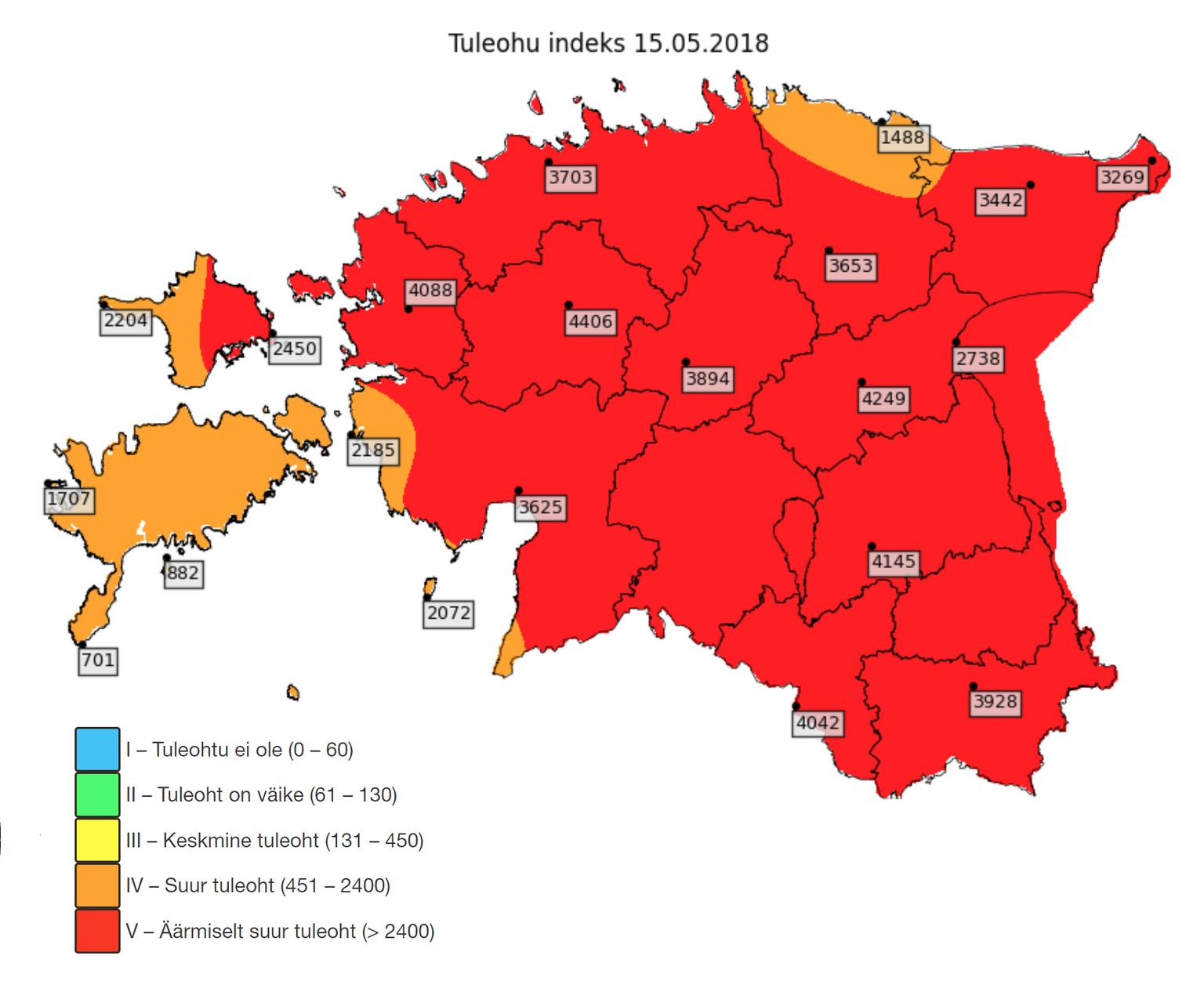 Mandri-Eestis on vaid paar väikest laiku, kus ilmateenistuse andmetel ei valitse äärmiselt suur tuleoht.