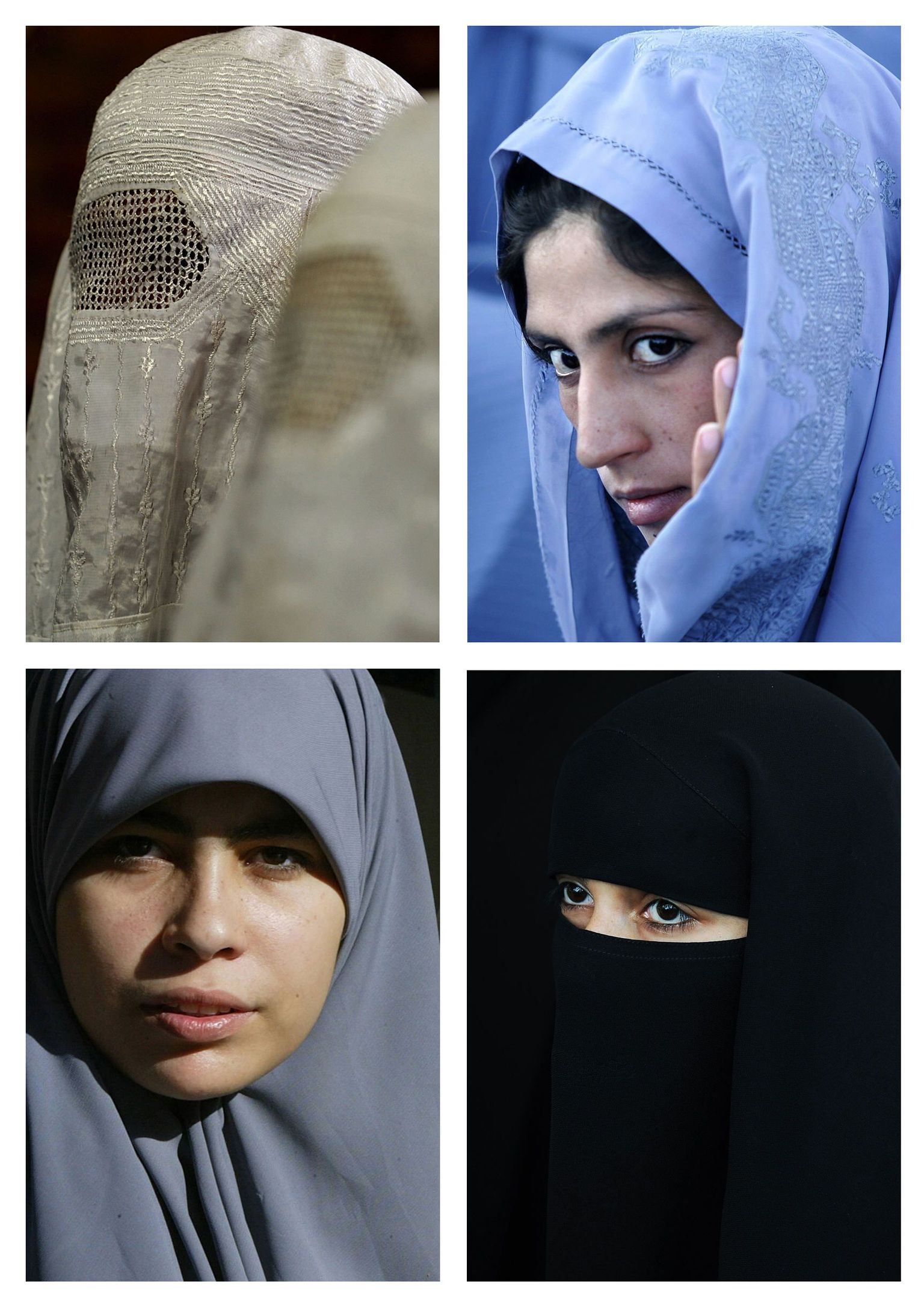 Valik mosleminaiste peakatteid: burka (ülal vasakul), šadoor (paremal), hijab (all vasakul) ja niqab.