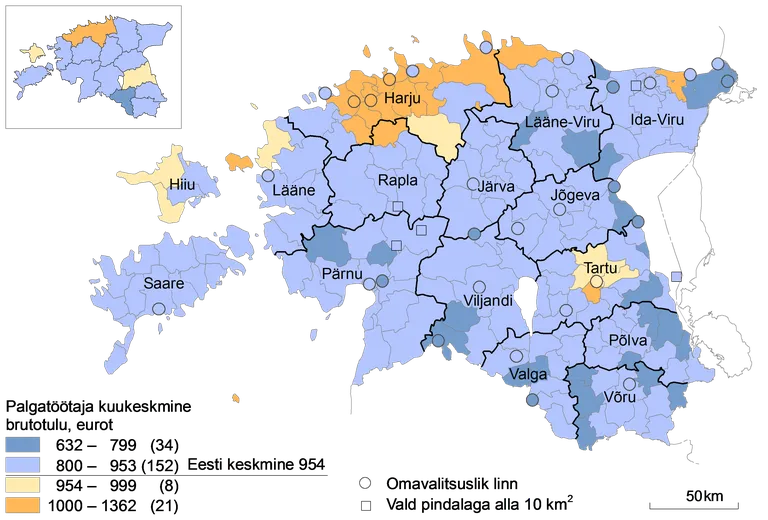 Palgatöötaja kuukeskmine brutotulu omavalitsusüksustes, 2014. aasta. Allikas: