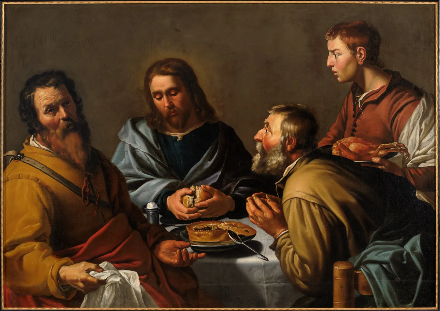 Воскресший Иисус с апостолами. Только один из них смотрит на Иисуса с явным изумлением. «Ужин в Эммаусе», неизвестный голландский караваджист, ателье Ламберта Якобса (примерно 1630 год).