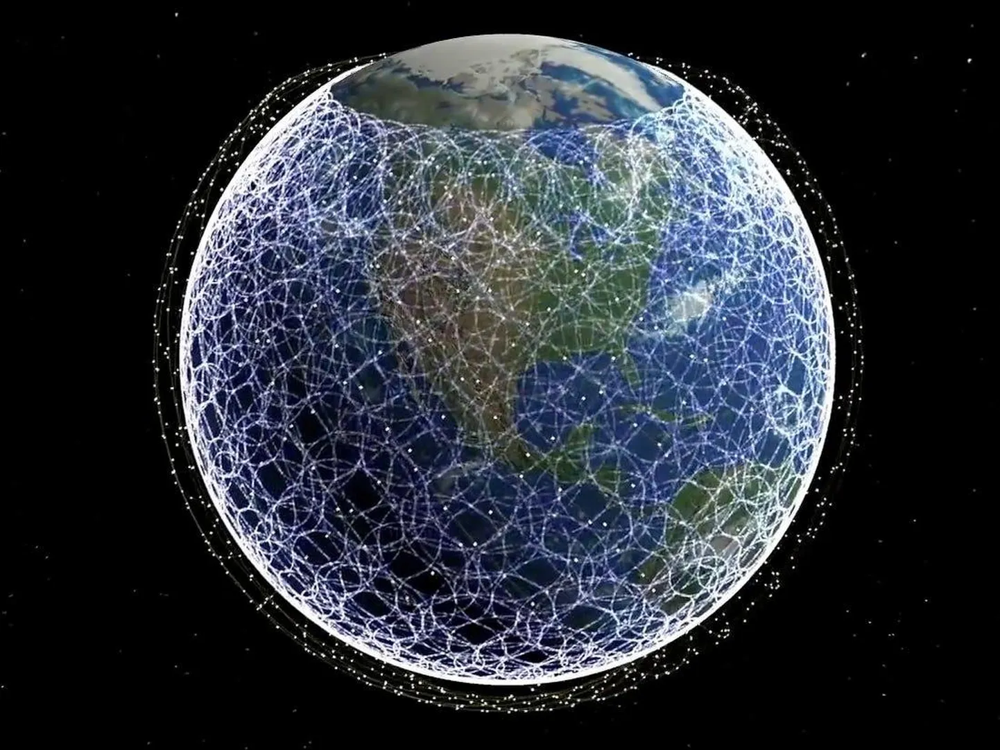Selline on Starlinki satelliidivõrgustiku planeeritav leviala. Praegu orbiidile jõudnud 2300 satelliiti peavad 550 km kõrgusel põiklema samale orbiidile puistatud Venemaa militaarse kosmoseprügi eest.