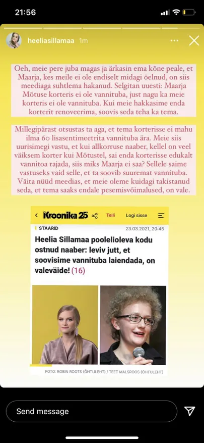 Heelia kommenteeris teemat Instagrami-lugudes.