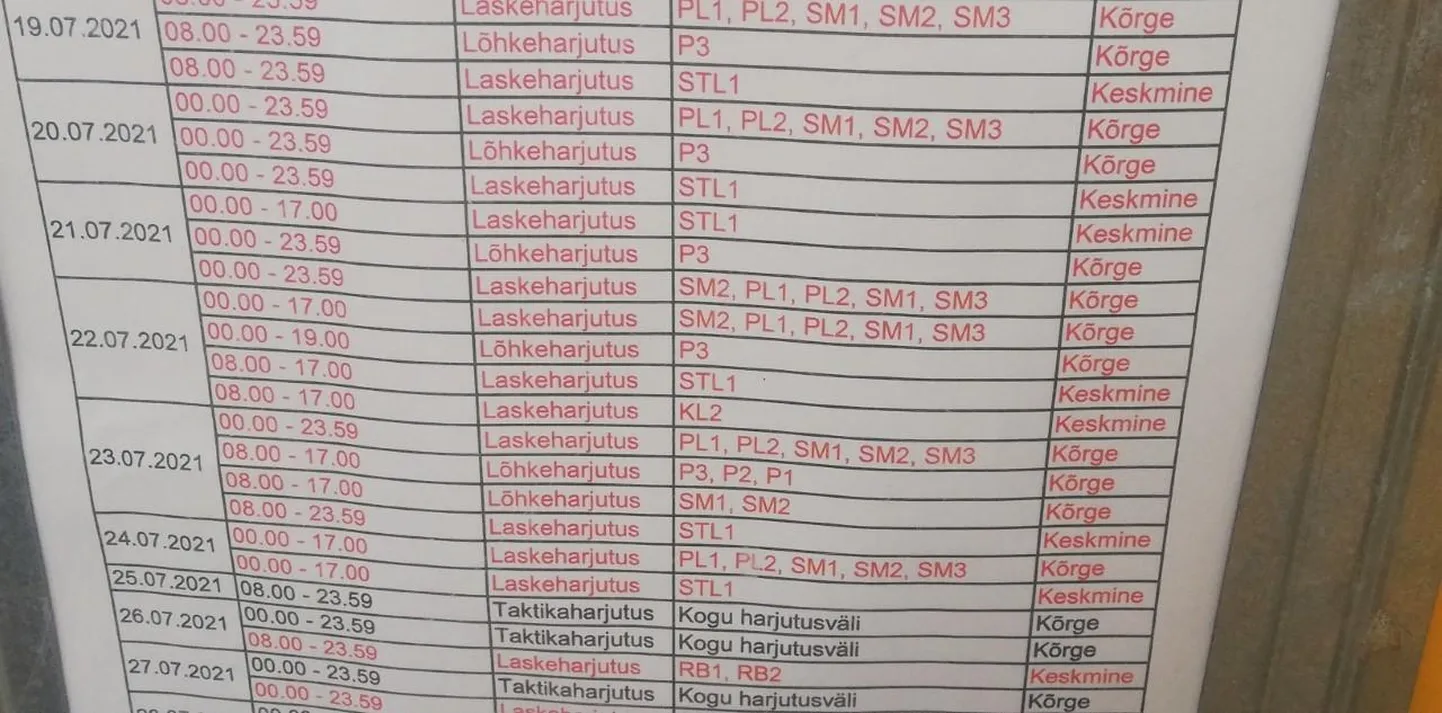Kaitseväe harjutusgraafik keskpolügooni Läsna-poolses väravas.