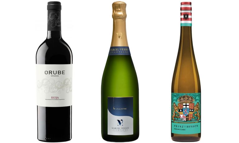 Orube Crianza Tinto, Champagne L´Illustre Brut, Marcel Vezien, Prinz von Hessen Riesling Classic