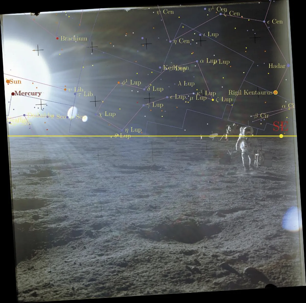 NASA fotol AS12-46-6806 kannab Apollo 12 piloot Alan Bean instrumente paigalduskohta, mis asub kuumoodulist umbes 130 m kaugusel. Temast üles paremale jääb Rigil Kentaurus ehk Alpha Centauri, üks maakerale lähimaid tähti. Päikese halo keskel on näha Päikese ketas tegelikus suuruses ning halole on projekteerunud ka Merkuur.