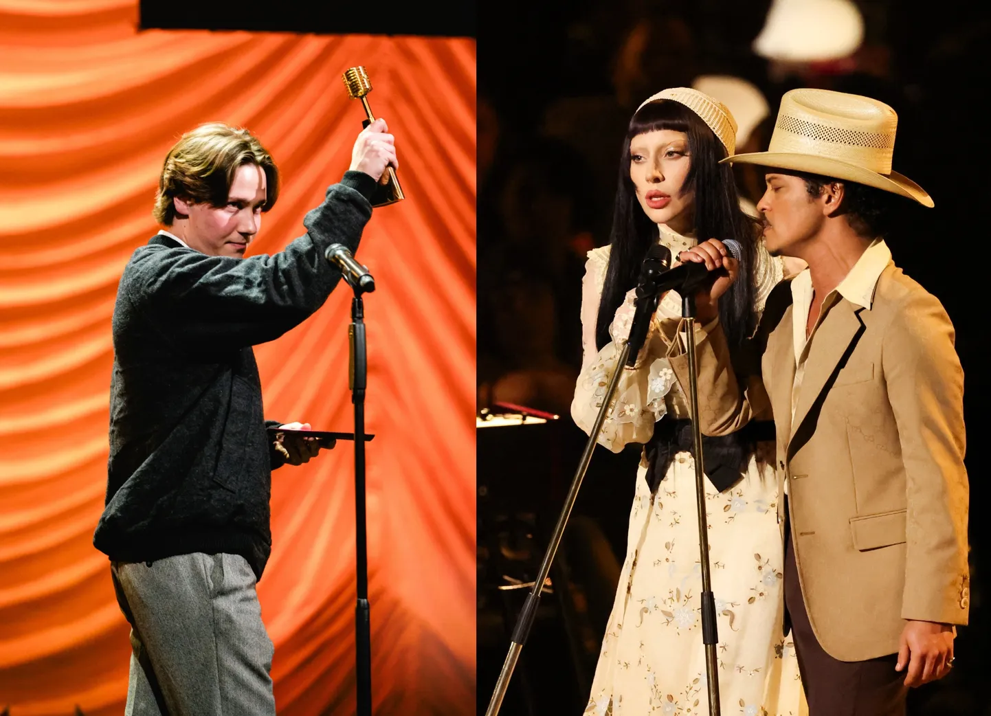 Wiesulis ar iegūto Latvijas Mūzikas ierakstu Gada balvu "Zelta Mikrofons 2025" kategorijā "Labākais hiphopa albums" un Lēdija Gāga kopā ar Bruno Marsu "Grammy" balvu pasniegšanas ceremonijas koncertā Losandželosā.