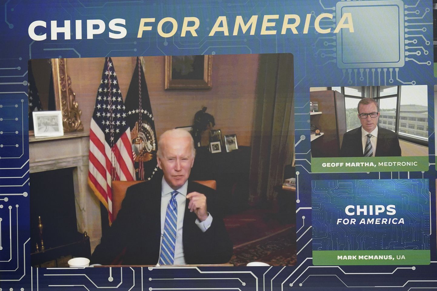 President Joe Biden kõneles virtuaalselt, et arutada Chips Acti üle, mis on ettepanek kodumaise tootmise toetamiseks.