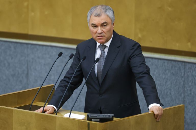 MOSCOW, RUSSIA - JANUARY 18, 2022: Russian State Duma Speaker Vyacheslav Volodin addresses the opening plenary meeting of the spring session. Anton Novoderezhkin/TASS