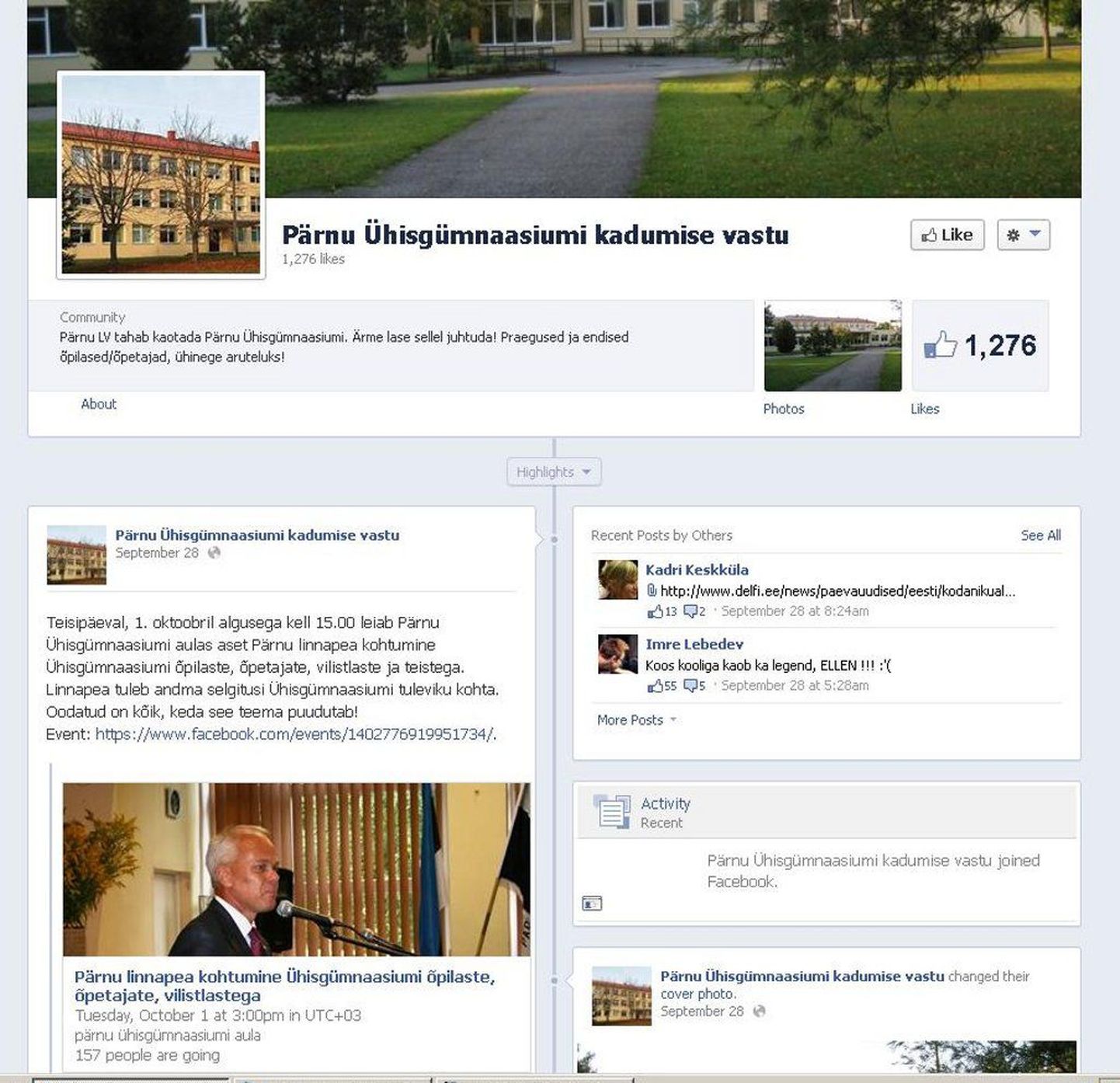 Pärnu ühisgümnaasiumi kaotamise vastu loodi sotsiaalvõrgustikus Facebook kommuun.