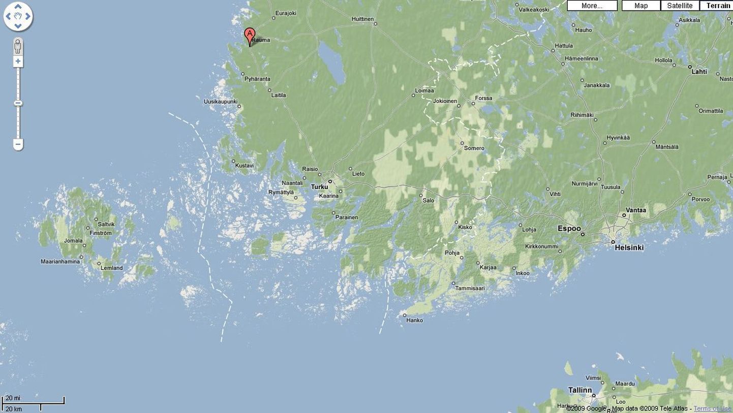 Soome läänerannikul Rauma lähedal asuva Unaja asukoht.