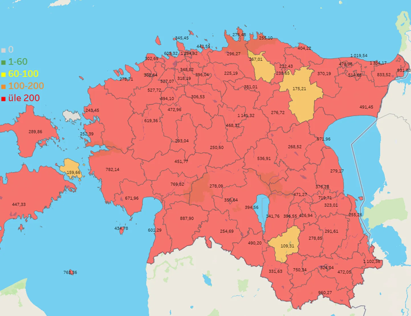 Haigusjuhtumite arv kohalikes omavalitsustes viimase 14 päeva jooksul.