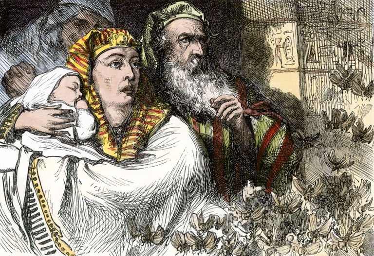 Illustratsioon, millel on kujutatud Moosest ja heebrealasi Egiptuse vangistuses ning rändrohutirtsude nuhtlust
