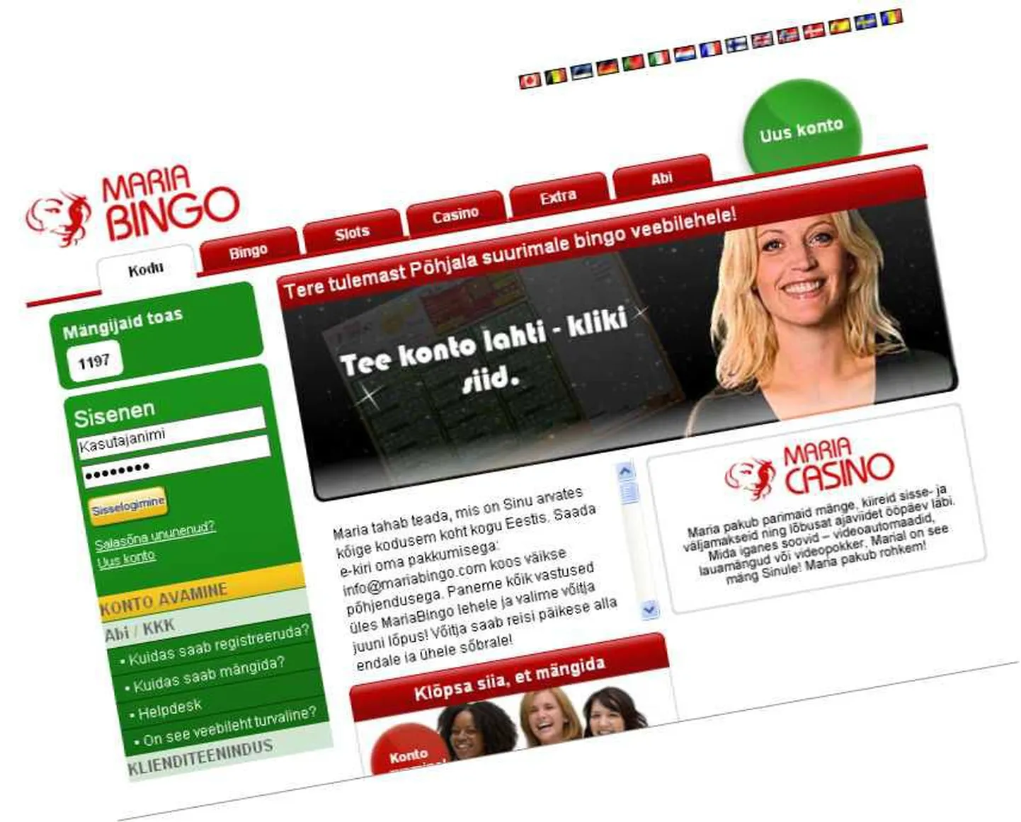 Fragment veebikasiino Mariabingo avalehelt.