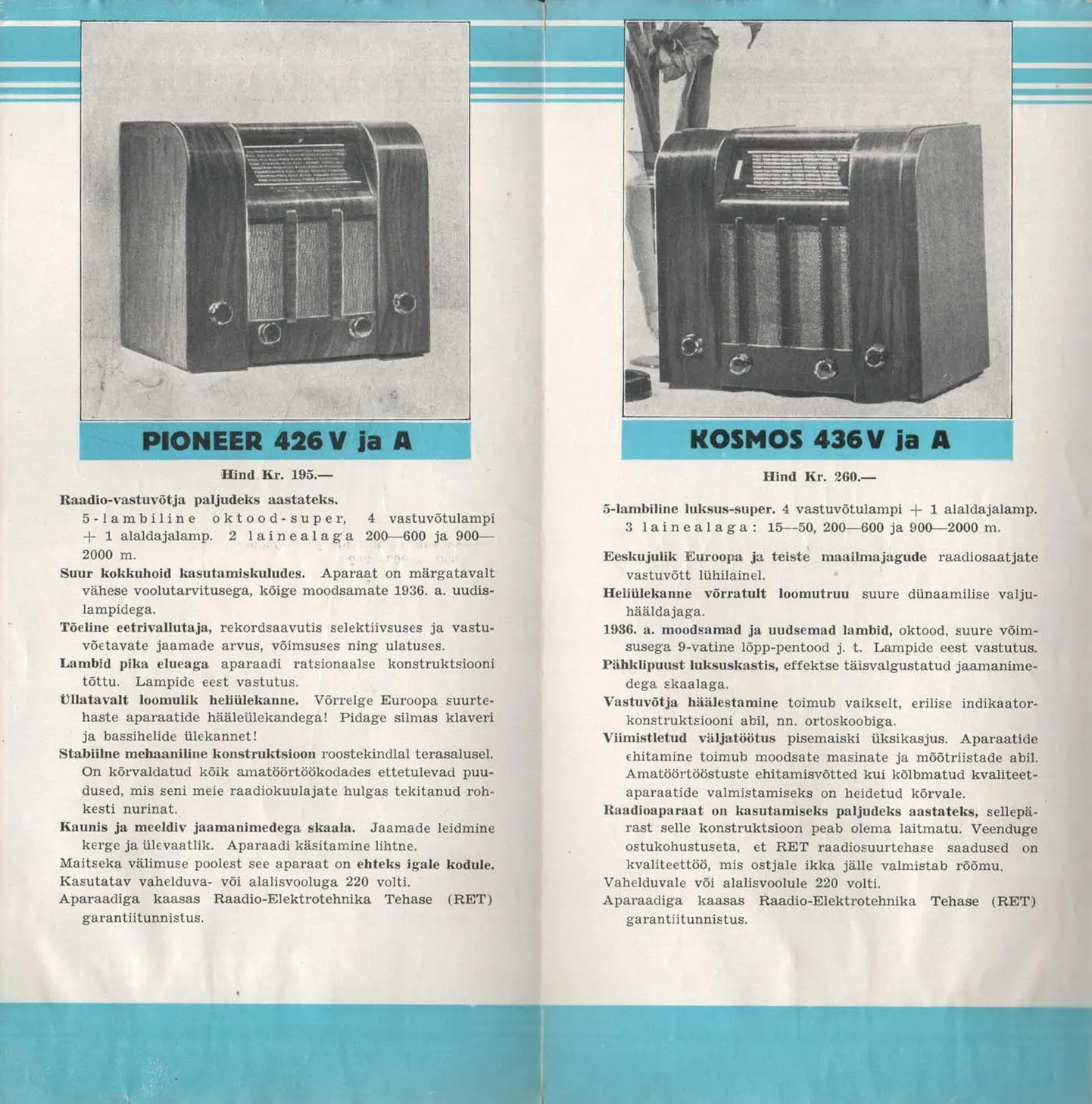 O.-Ü. RAADIO-ELEKTROTEHNIKA TEHAS (RET) kataloog (1935/36).