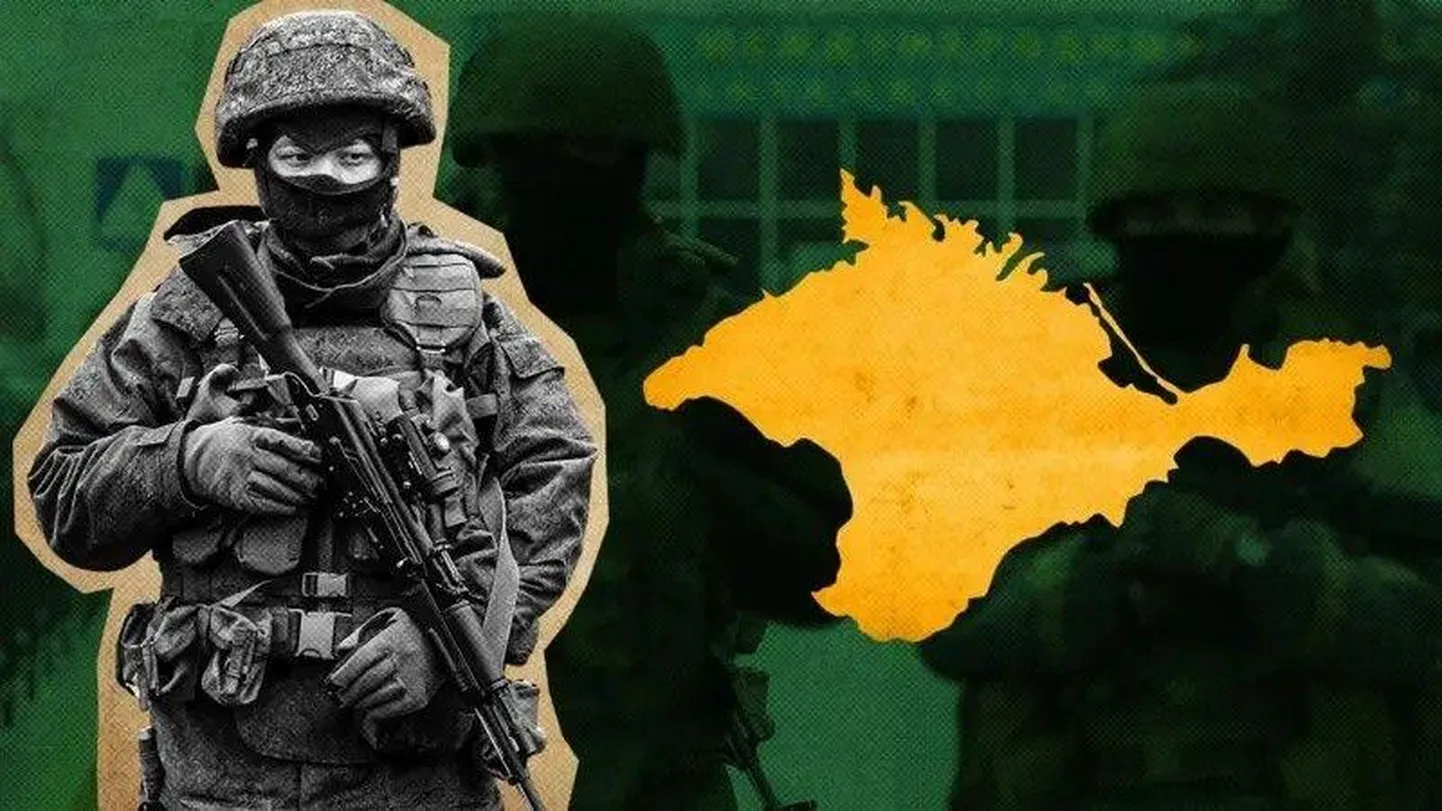Графика: военный с закрытым лицом стоит возле карты Крыма, на затемненном фоне видны контуры других военных