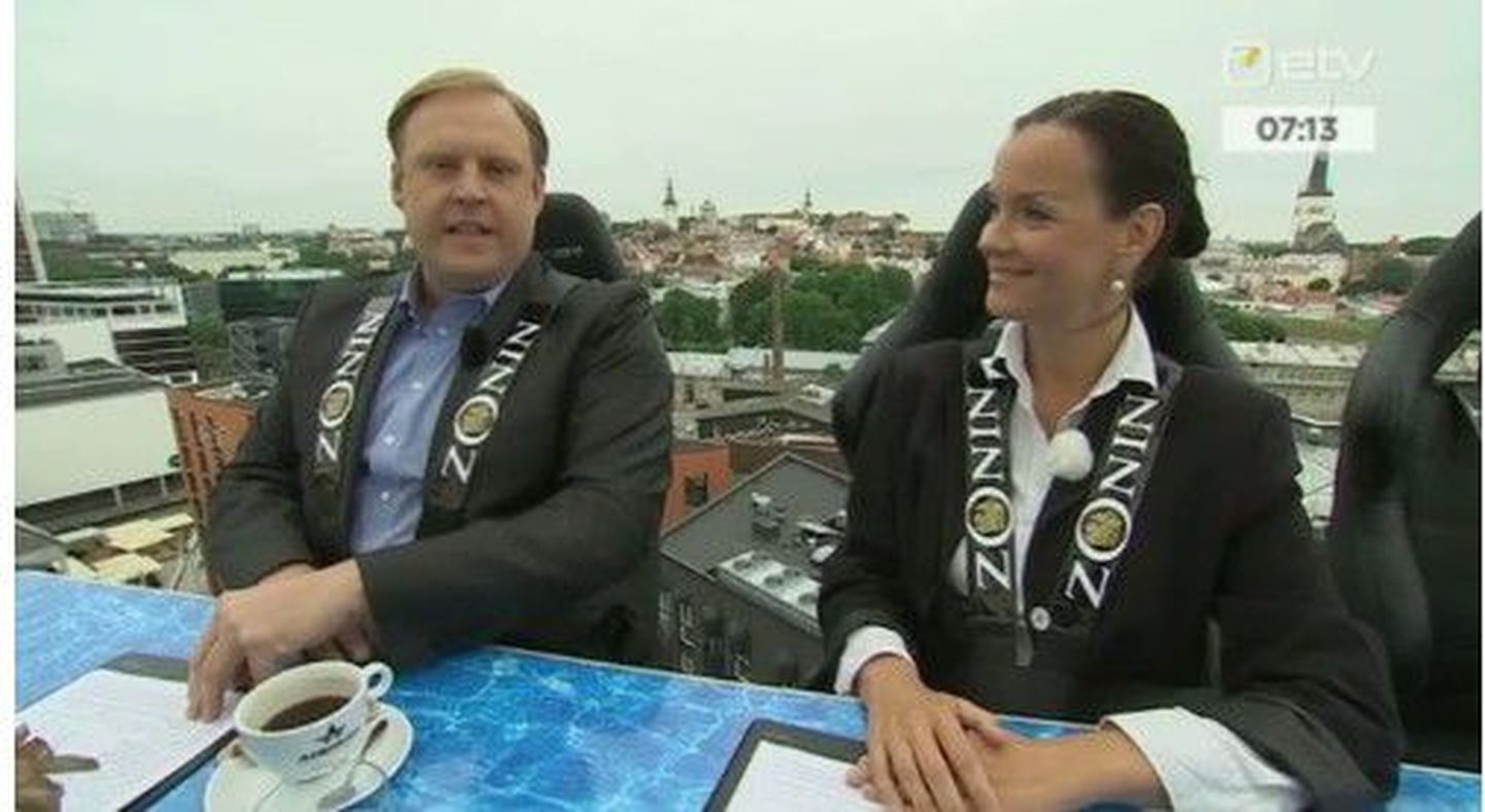 Terevisiooni saatejuhid Urmas Vaino ja Katrin Viirpalu Tallinna kohal õhus.