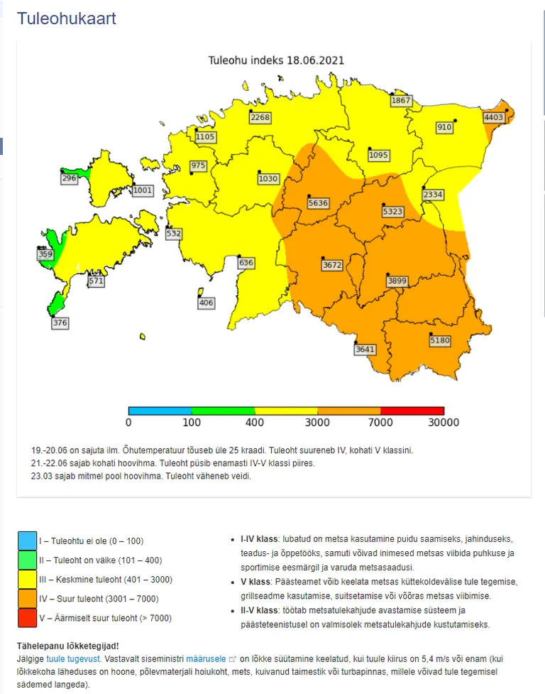 Keskmine või suur tuleoht valitseb pea kõikides maakondades.