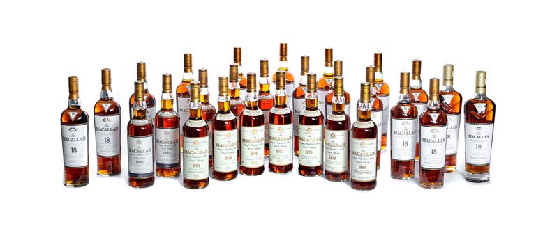 28 pudelit Macallani viskit aastakäikudest 1974–2019.