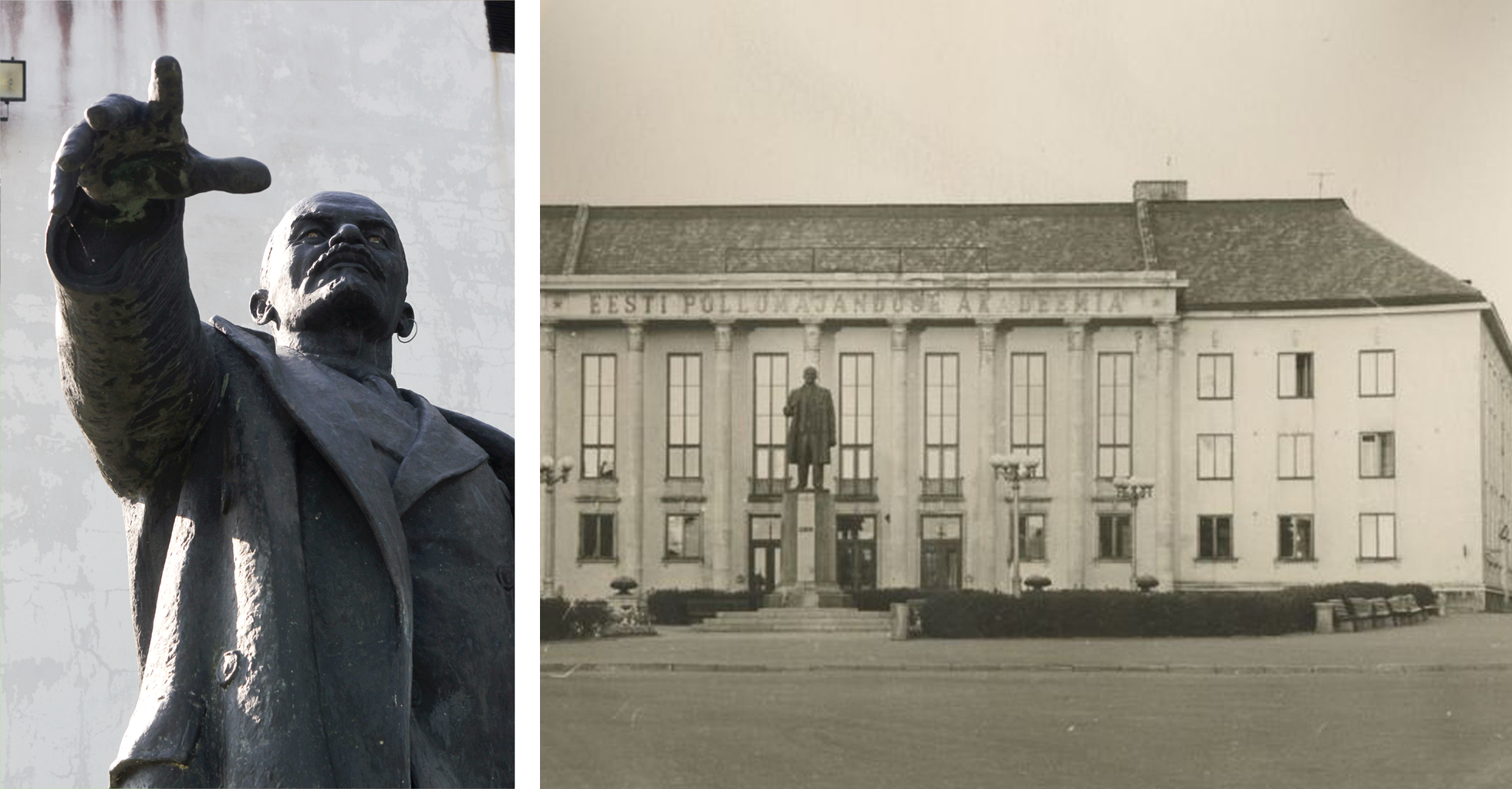 Ленин в своем многообразии: памятник Ленину в Нарве (слева) и архивное фото памятника, который располагался перед зданием Эстонской сельскохозяйственной академии в Тарту (справа)