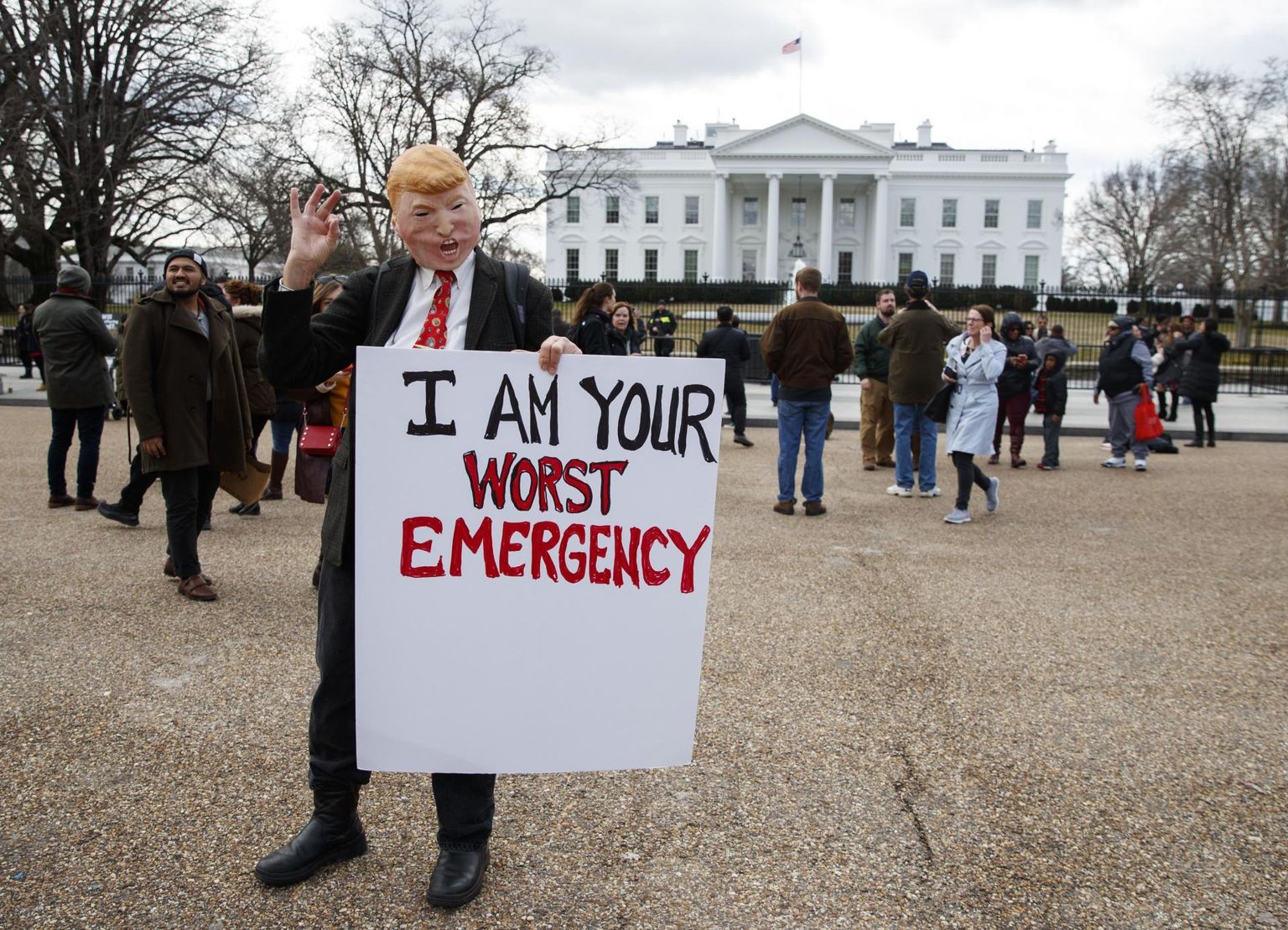 Donald Trumpi välja kuulutatud eriolukorra vastu meelt avaldavad inimesed Washingtonis Valge Maja juures. «Mina olen sinu suurim hädaolukord,» kuulutab plakat Trumpi maskiga meeleavaldaja käes. 