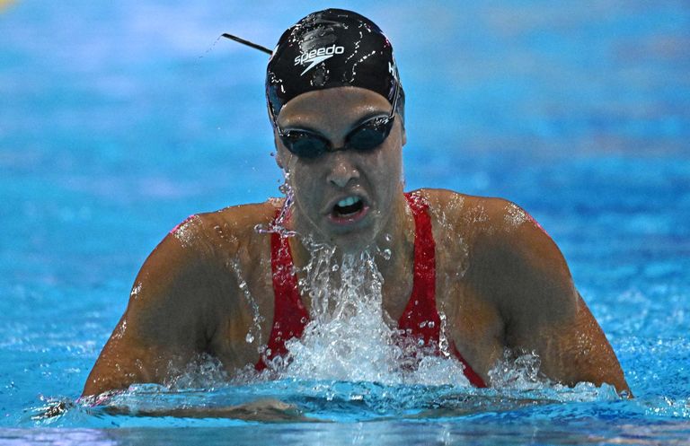 Kanada ujuja Mary-Sophie Harvey võistlemas 18. juunil 2022 Ungaris Budapestis ujumise maailmameistrivõistlustel naiste 200 meetri kompleksujumise poolfinaalis