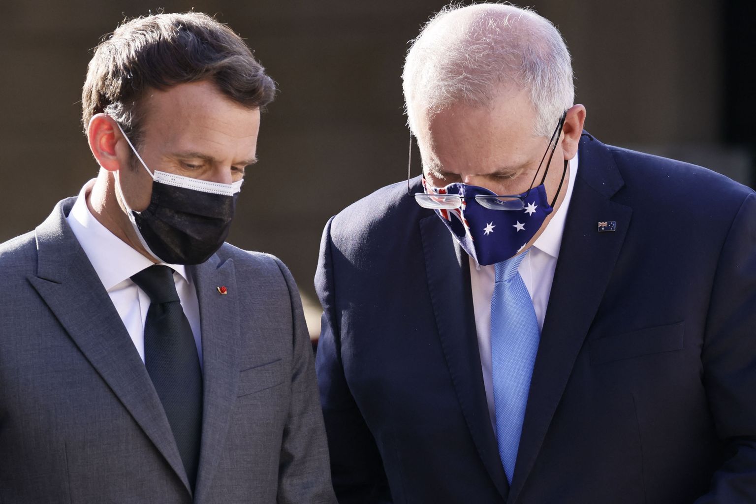 Francijas prezidents Emanuels Makrons un Austrālijas premjerministrs Skots Morisons