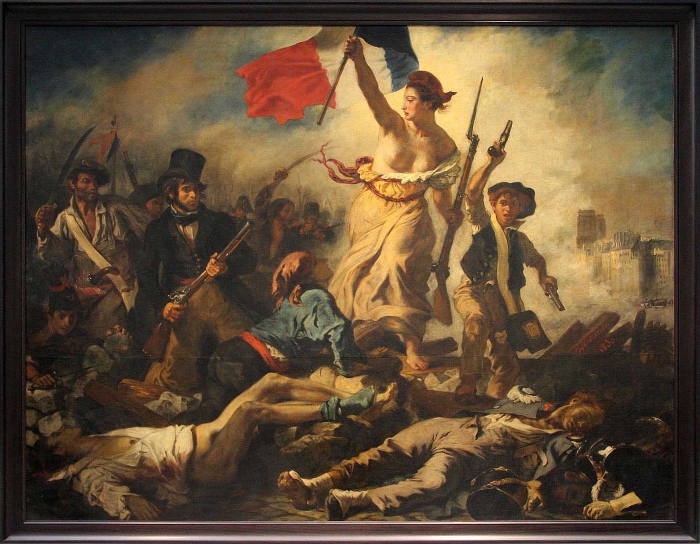 Eugene Delacroix’ maali «Vabadus viib rahva barrikaadidele» paremal servas on taustal Jumalaema kirik.