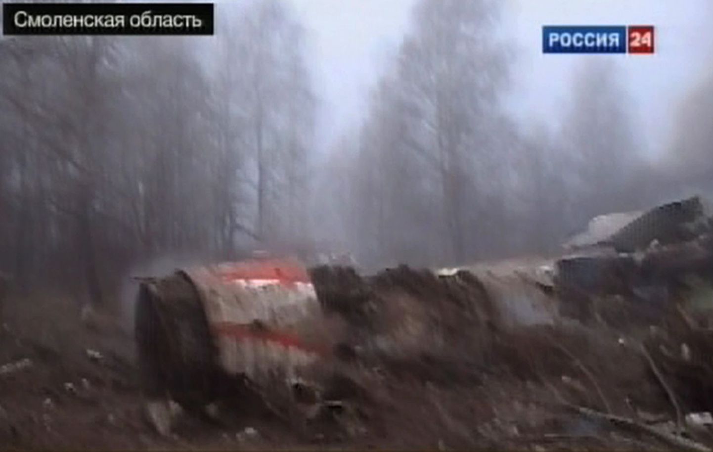 Rossija-24 telekanali kaader Smolenski lähedal alla kukkunud Poola presidendi lennuki Tu-154 rusudest.