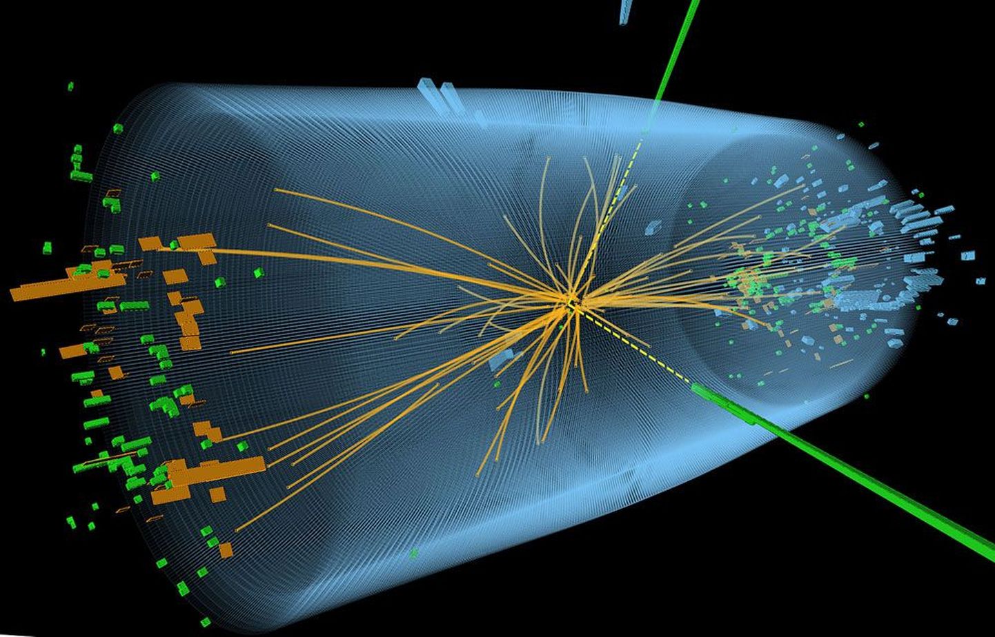 Графическое изображение столкновения протонов, в ходе которого обнаружился новый бозон, соответствующий качествам, теоретически предсказанным британским ученым Питером Хиггсом за 48 лет до только что состоявшегося эксперимента.