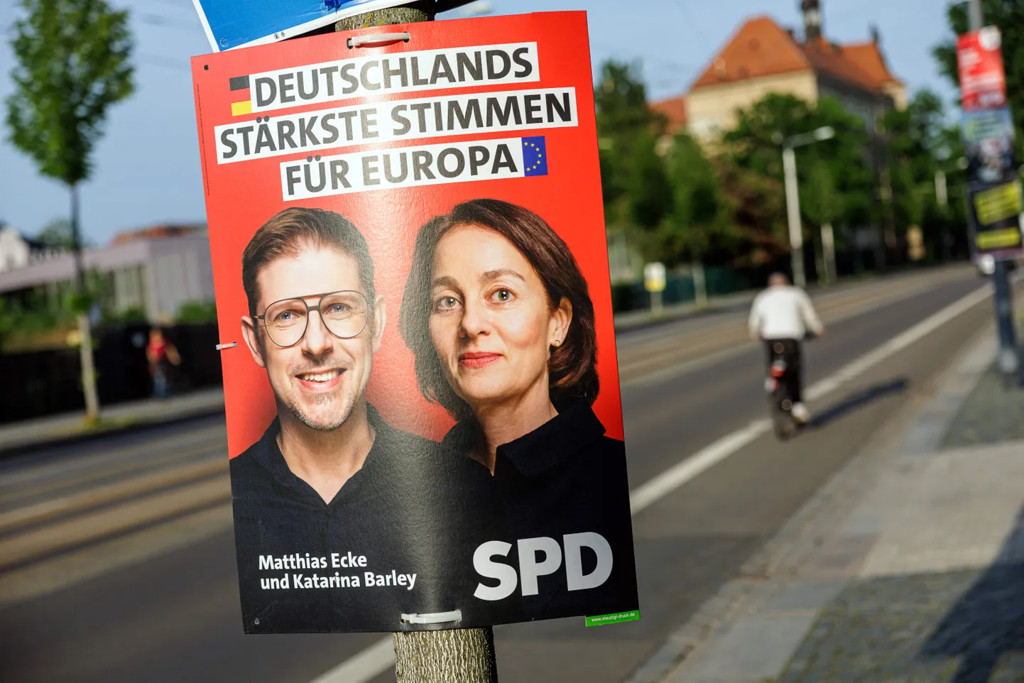 Valimisplakat Saksamaa sotsiaaldemokraatide peamiste kandidaatide Matthias Ecke ja Katarina Barleyga eelolevateks europarlamendi valimisteks.