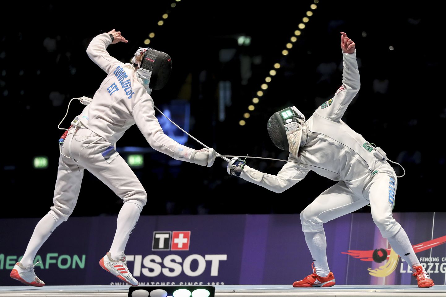 Italy's Paolo Pizzo, right, in action against Estonia's Nikolai Novosjolov during the men's epee final at the World Fencing Championships 2017 in Leipzig, Germany, Saturday, July 22, 2017. (Jan Woitas/dpa via AP)