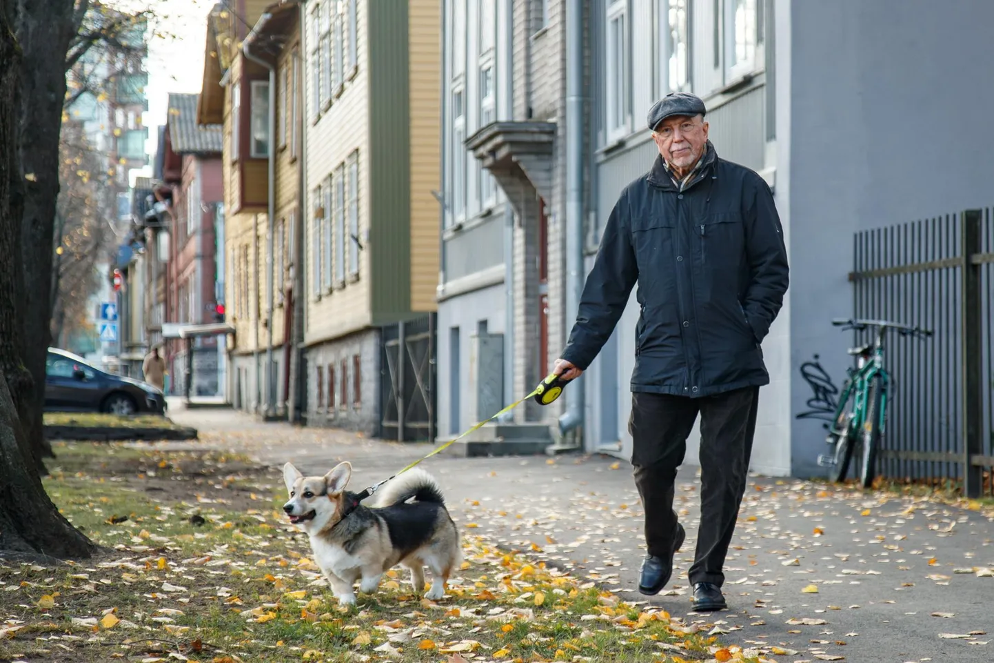 Rein Veidemann tõdeb, et proosa kirjutamine nõuab kannatlikkust ja mõtlemise aega. Ehk teisisõnu: pikki «tagumiktunde» arvutiekraani taga. Pildil on ta «tagumiktundidest» vabal ajal oma koeraga Kadriorus jalutamas.