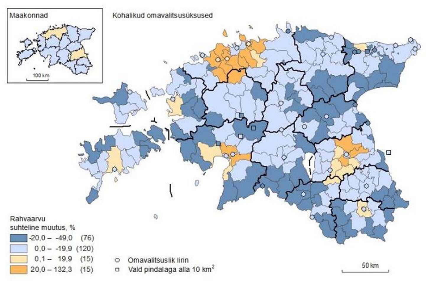 Rahvaarvu suhteline muutus omavalitsusüksustes 2000-2011.