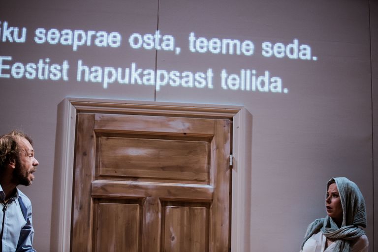 Andra Teede ja Laura Metsa dokumentaalnäidend «45 339 km² raba» (Endla teater) uurib, mida tähendab Eesti välismaal elavatele eestlastele. Fotol Meelis Rämmeld ja Kadri Adamson.