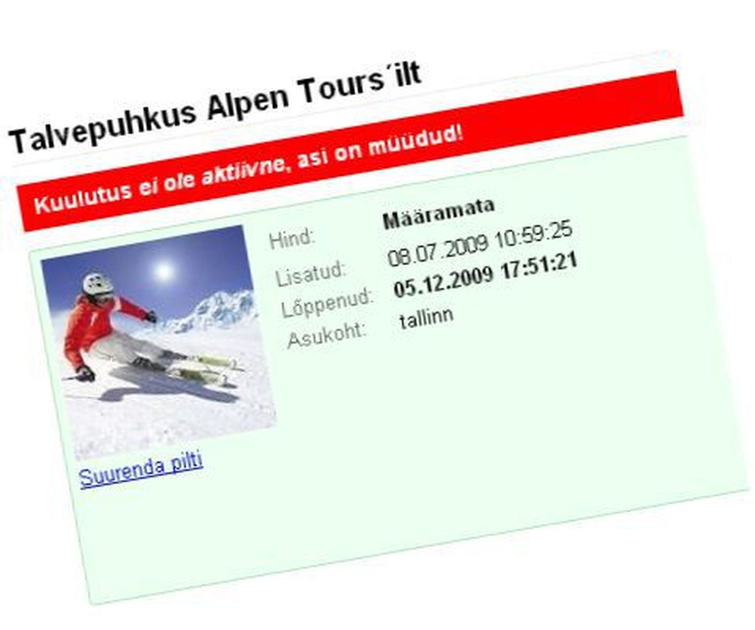 Fragment Alpen Toursi reisikuulutusest intenetipoes.