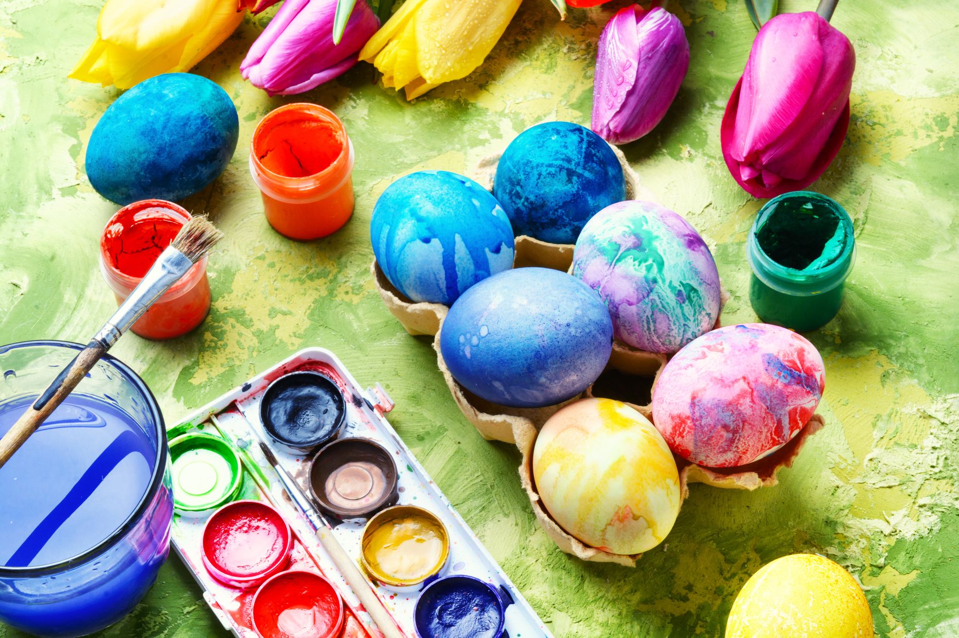 Easter Eggs, Paint and Tulips